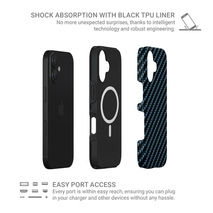 Blue carbon weave MagSafe tough phone case with glossy finish and dual layer protection