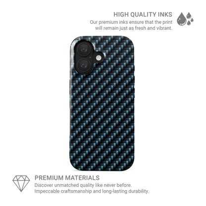 Blue carbon weave MagSafe tough phone case with glossy finish and dual layer protection