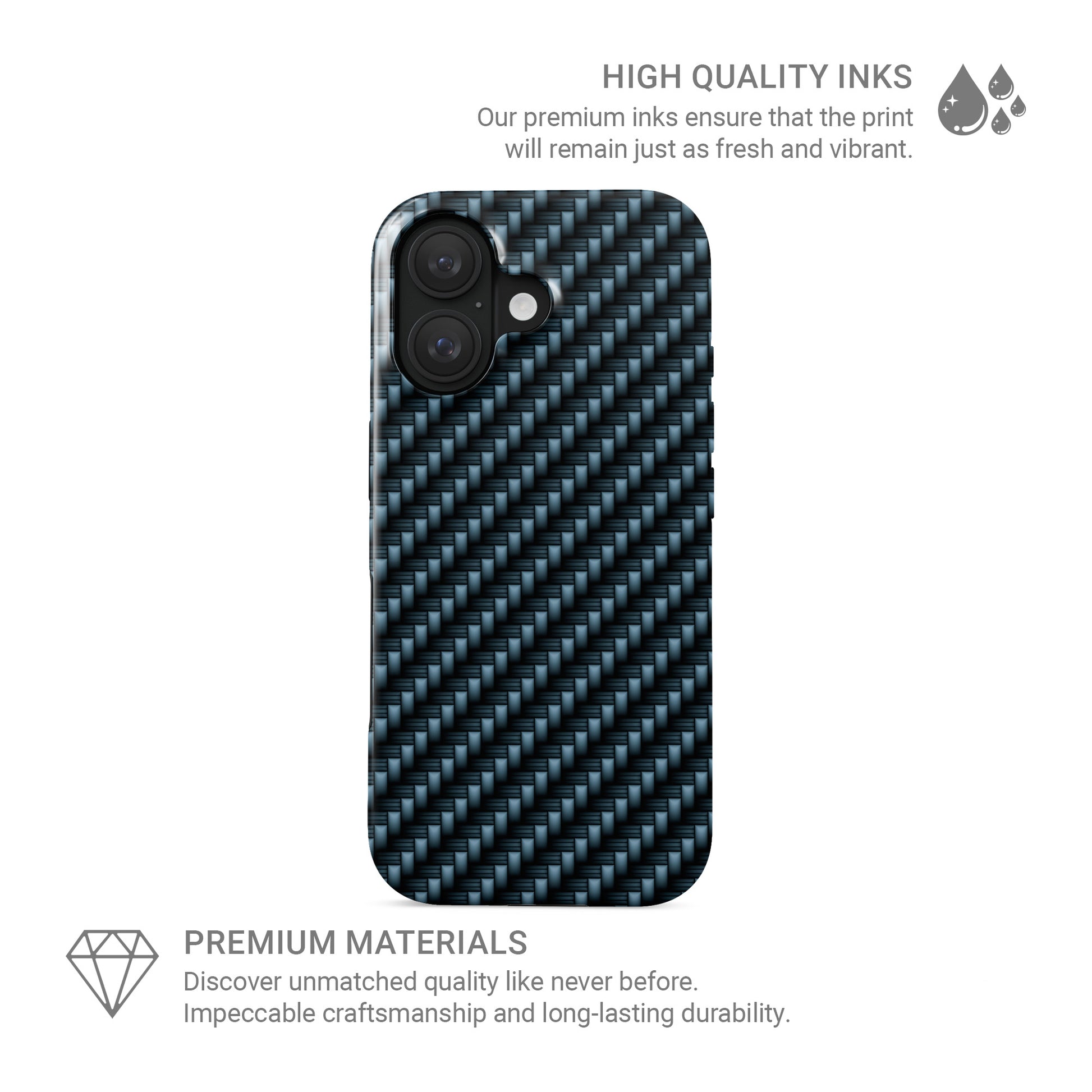Blue carbon weave pattern tough phone case with glossy finish and modern woven texture