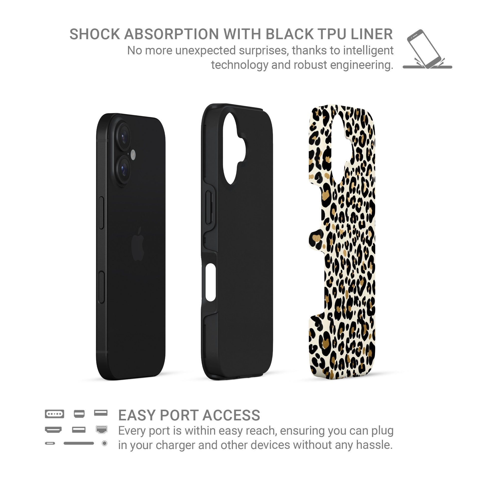 Leopard print tough protective phone case for iPhone, Samsung and Pixel