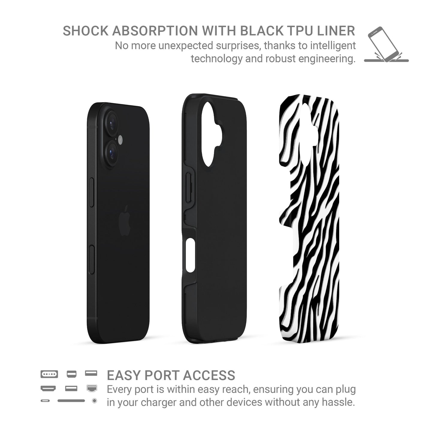 Zebra print tough protective phone case for iPhone, Samsung and Pixel