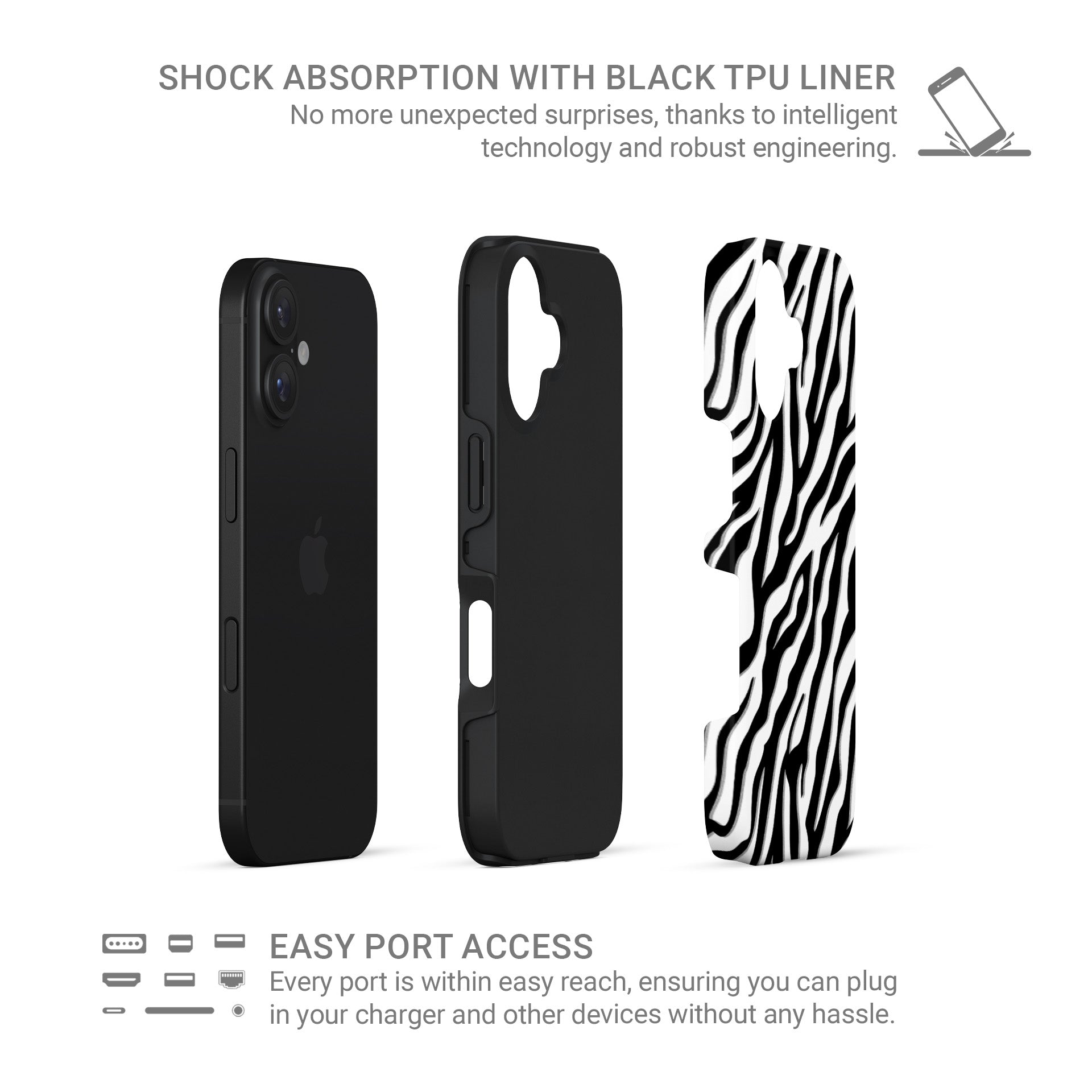 Zebra print tough protective phone case for iPhone, Samsung and Pixel