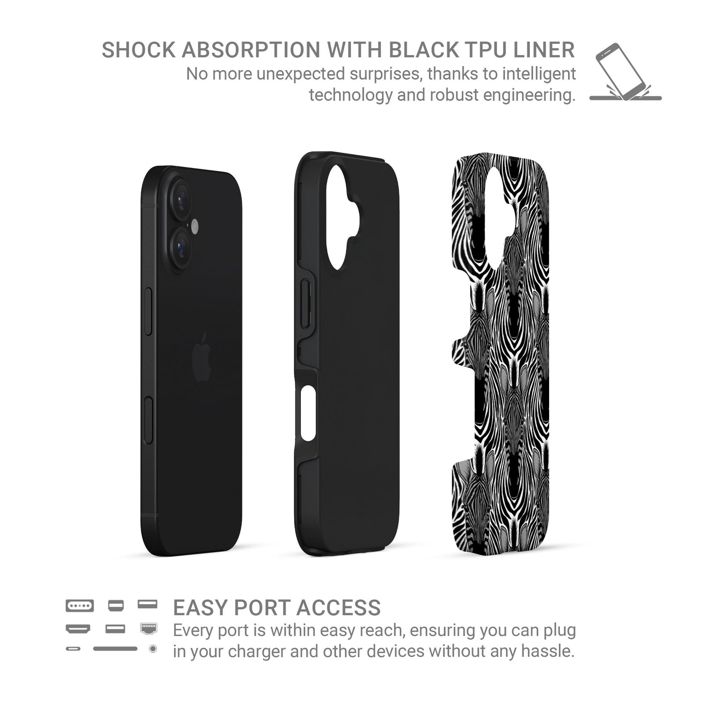 Zebra print tough protective phone case for iPhone, Samsung and Pixel