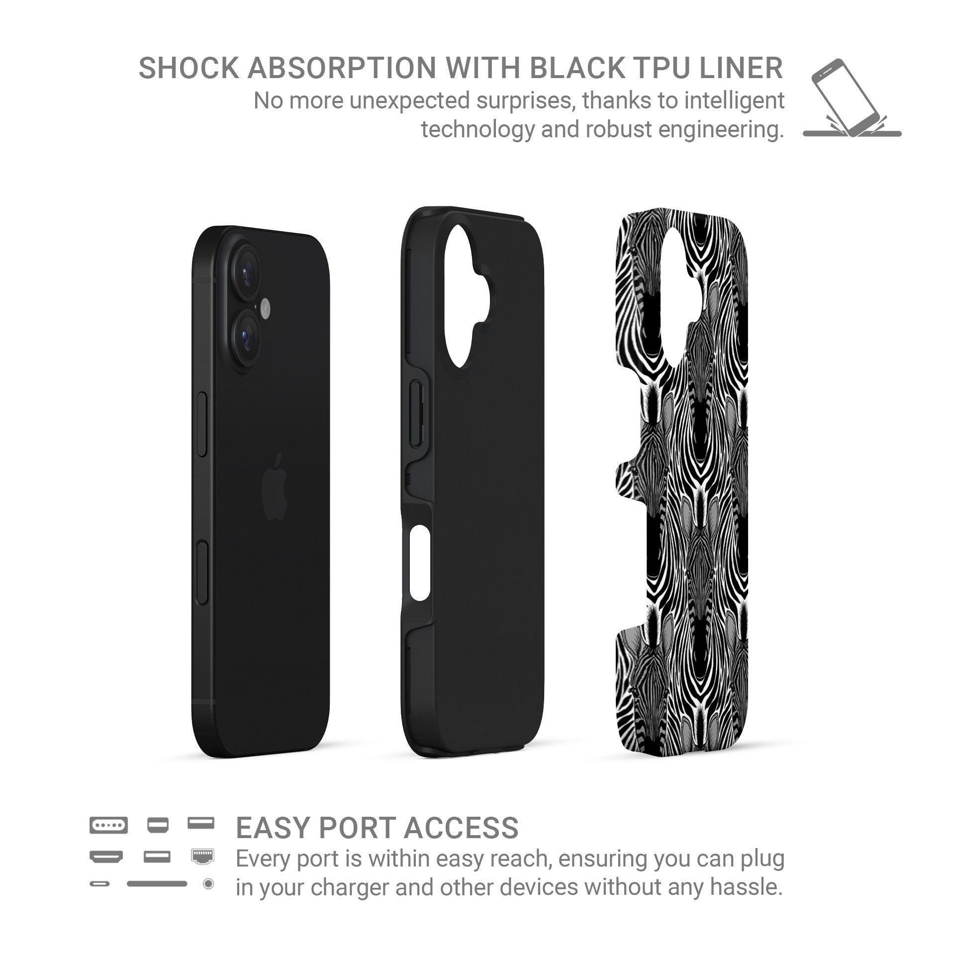 Zebra print tough protective phone case for iPhone, Samsung and Pixel