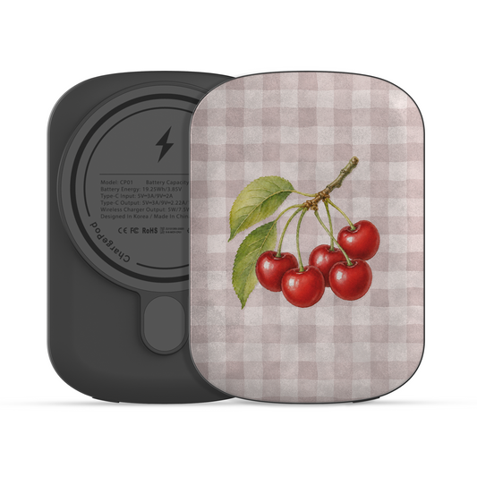 Ruby Bough 5000mAh Magnetic Power Bank with watercolour fruiting cherry branch on dusty pink gingham
