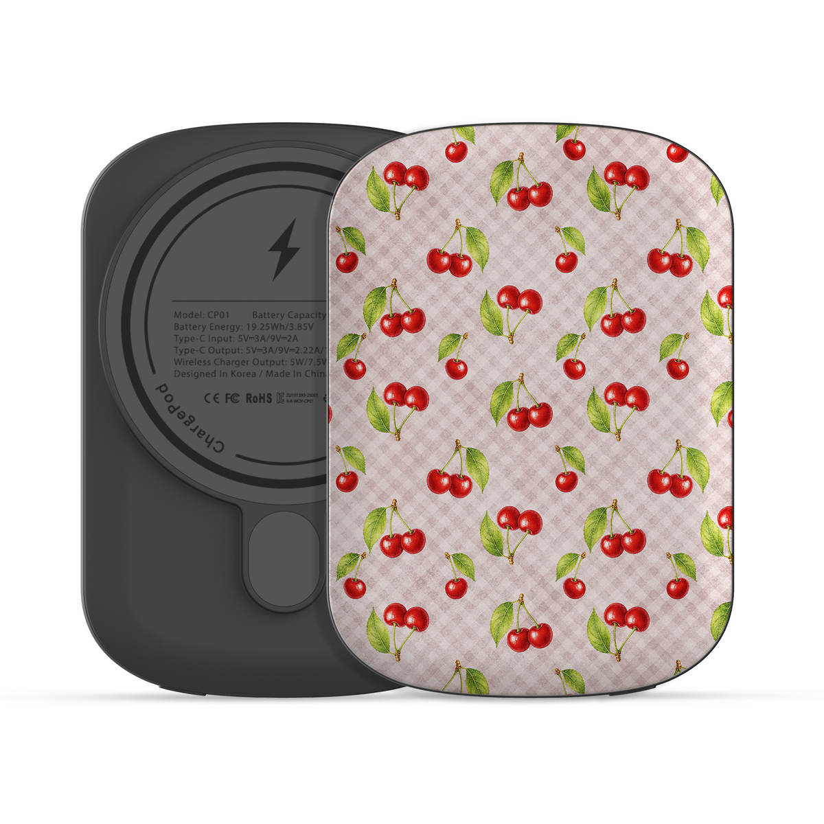 Cherry Jubilee 5000mAh Magnetic Power Bank with scattered watercolour red cherries on soft pink gingham
