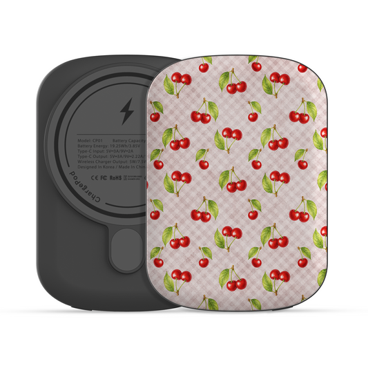 Cherry Jubilee 5000mAh Magnetic Power Bank with scattered watercolour red cherries on soft pink gingham
