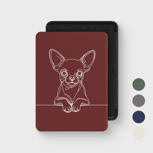Chihuahua line art Kindle case in Claret Red — closed front cover with colour swatches.
