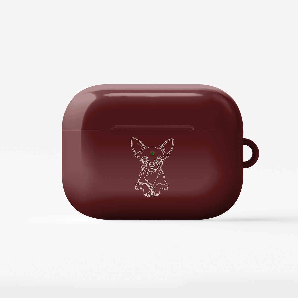Closed Claret Red AirPods case with a printed Chihuahua portrait and a side attachment loop.