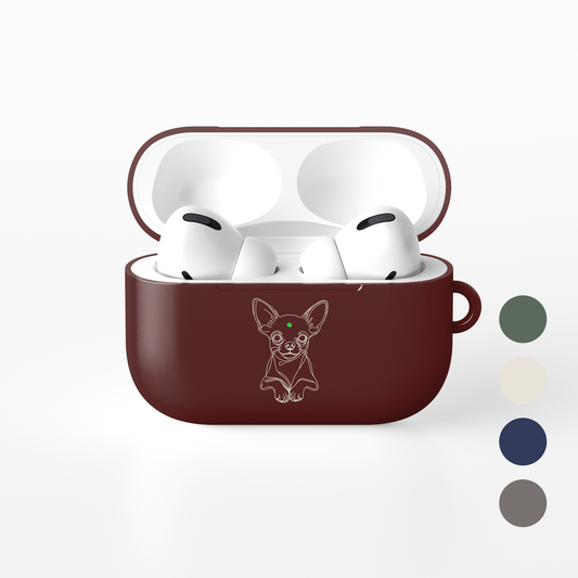 Claret Red Chihuahua line art AirPods case shown open with white earbuds and four alternative colour swatches.