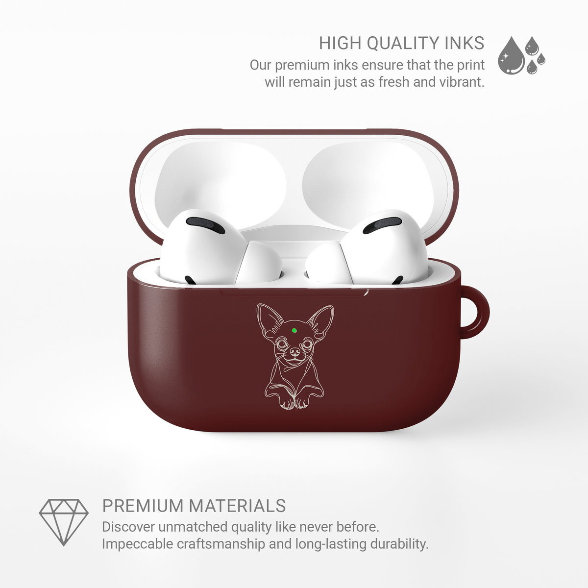 Open Claret Red Chihuahua AirPods case with white earbuds, shown in an infographic about the print and case materials.
