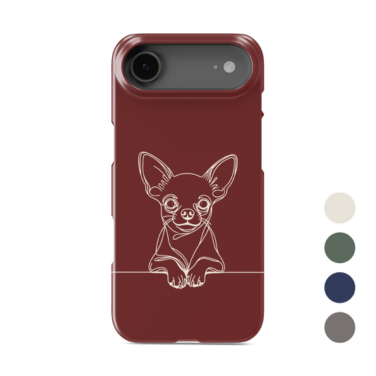 Red Snap phone case with a pale line drawing of a Chihuahua peeking over a thin horizontal line.