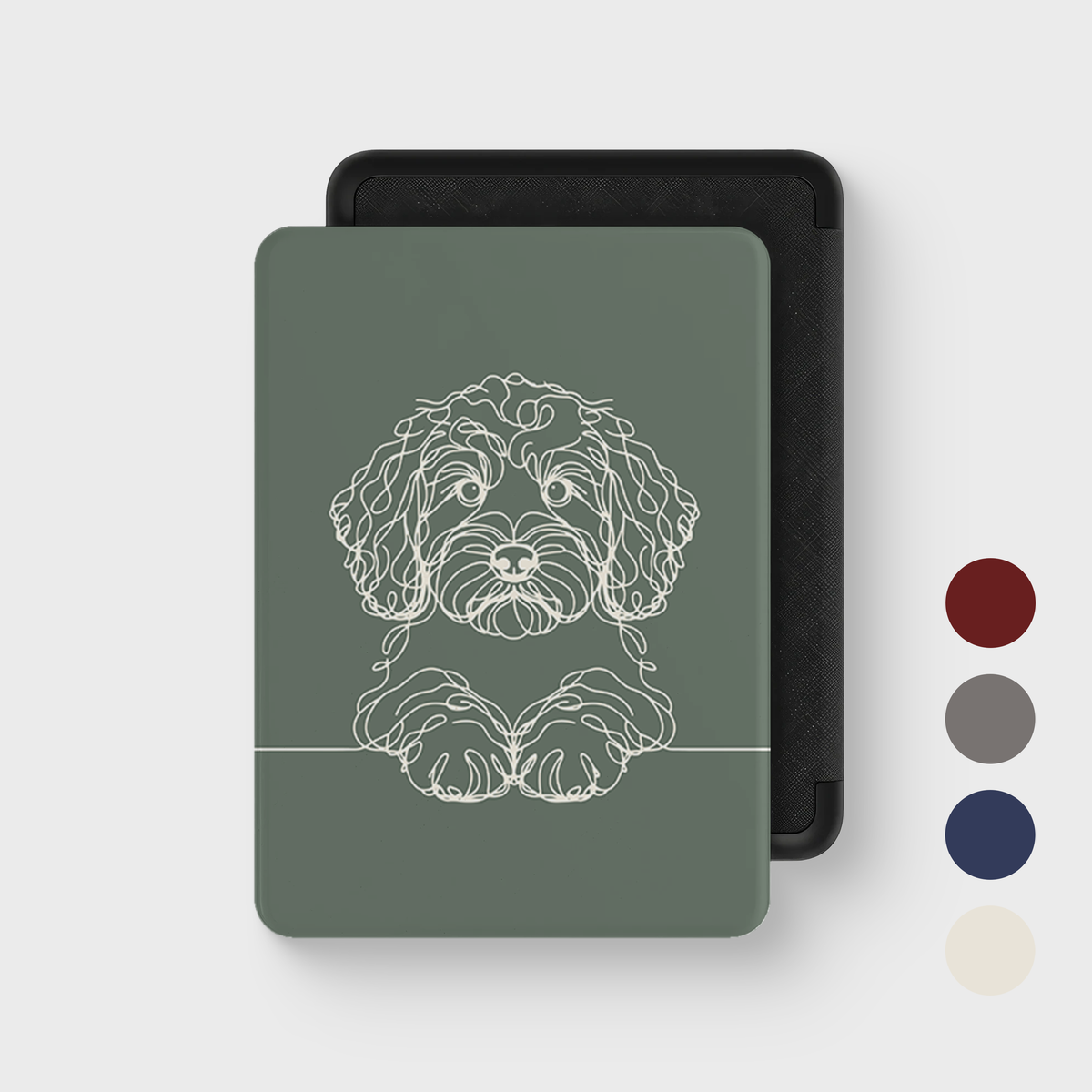 Cockapoo line art Kindle case in Sage Green — closed front cover with colour swatches.