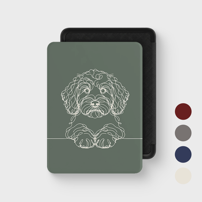 Cockapoo line art Kindle case in Sage Green — closed front cover with colour swatches.