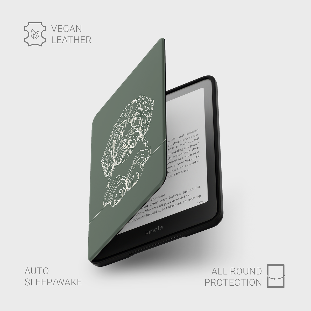 Cockapoo line art Kindle case in Sage Green — partly open cover showing the Kindle screen.