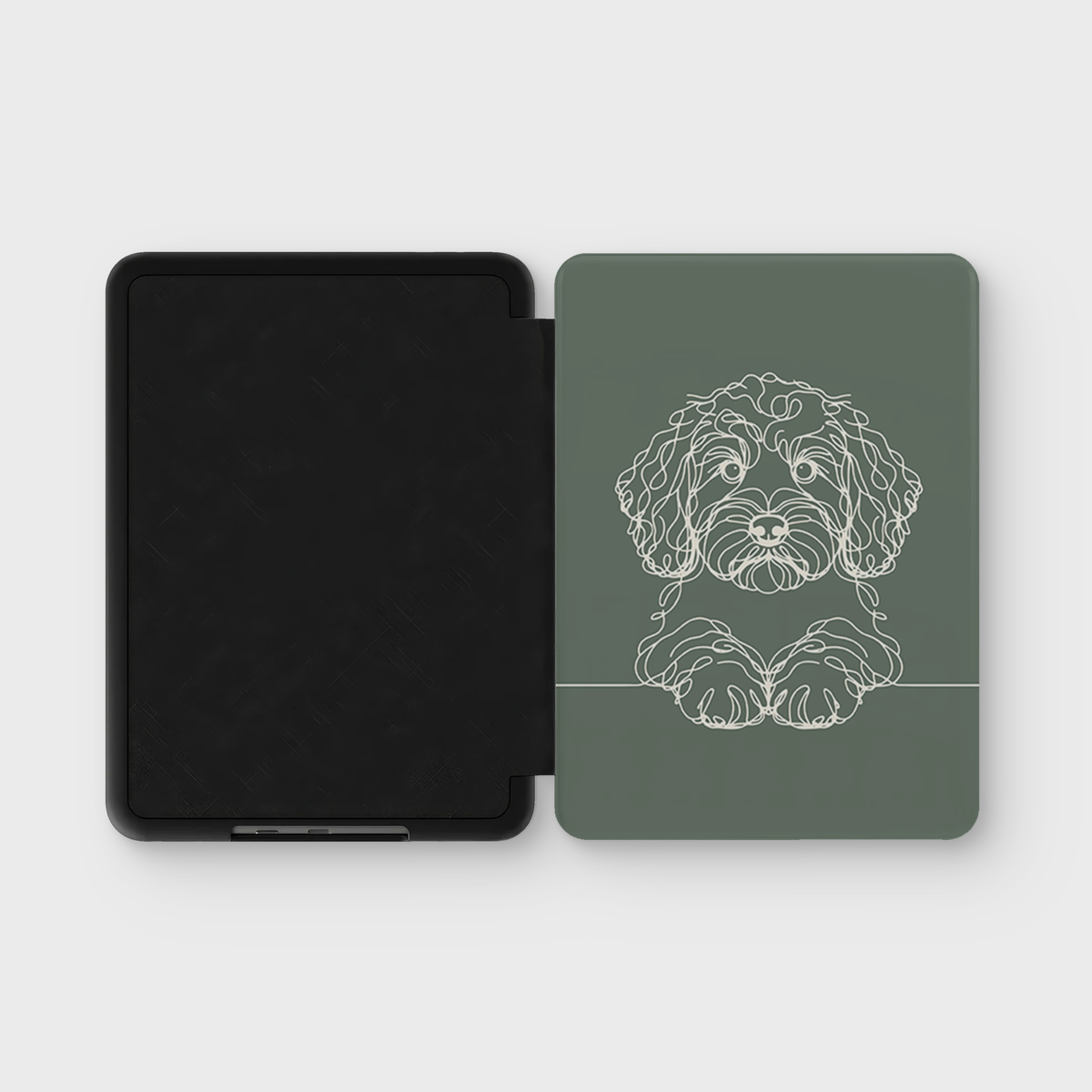 Cockapoo line art Kindle case in Sage Green — open folio showing the inner shell and printed cover.