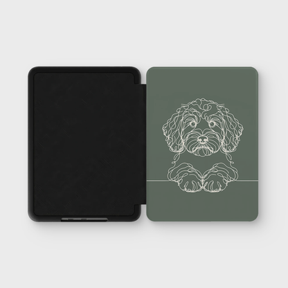 Cockapoo line art Kindle case in Sage Green — open folio showing the inner shell and printed cover.