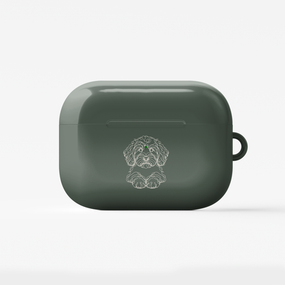 Closed Sage Green AirPods case with a printed Cockapoo portrait and a side attachment loop.