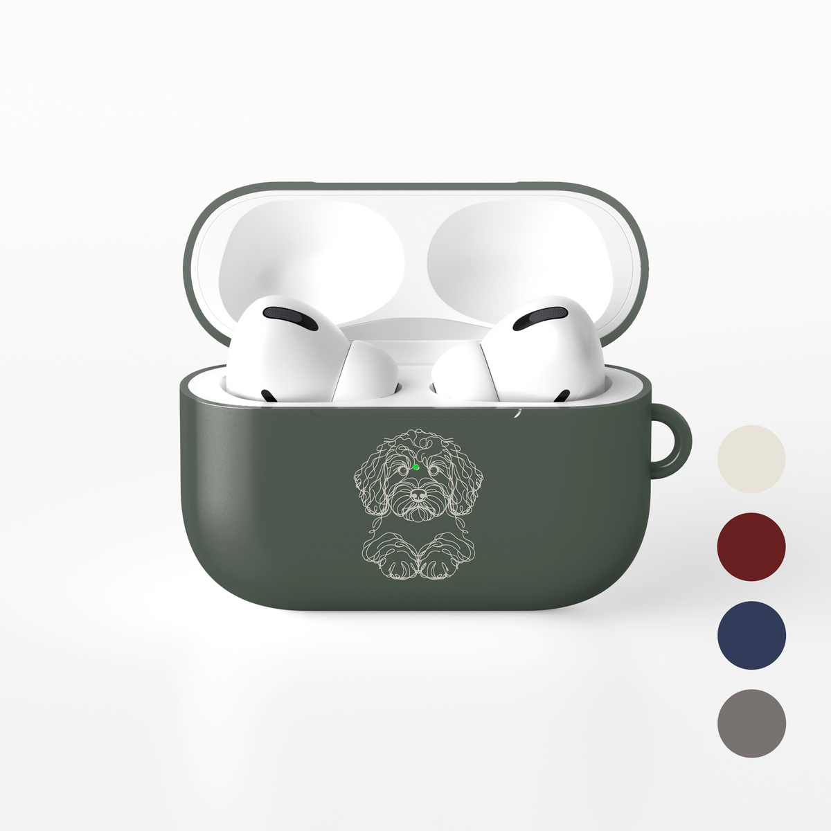 Sage Green Cockapoo line art AirPods case shown open with white earbuds and four alternative colour swatches.