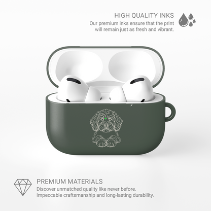 Open Sage Green Cockapoo AirPods case with white earbuds, shown in an infographic about the print and case materials.