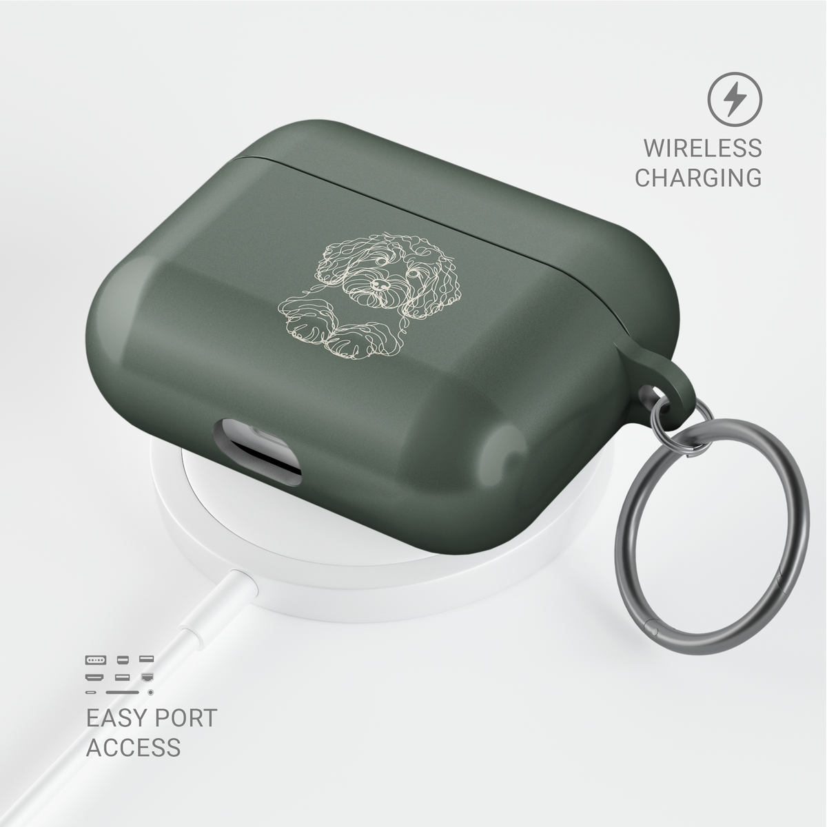 Angled Sage Green Cockapoo AirPods case with a metal keyring, shown above a circular charging pad.