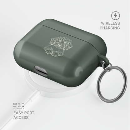 Angled Sage Green Cockapoo AirPods case with a metal keyring, shown above a circular charging pad.