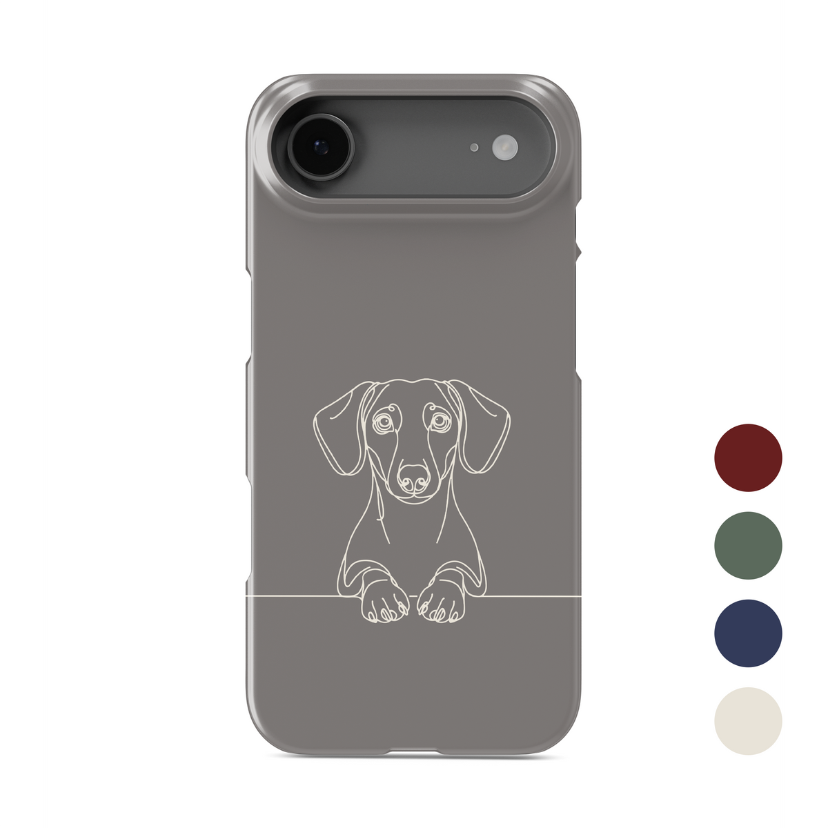 Taupe grey Snap phone case with a black line art Dachshund peeking over a thin horizontal line.