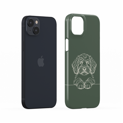 Green Snap phone case with a pale curly-haired Cockapoo line drawing above a thin horizontal line.