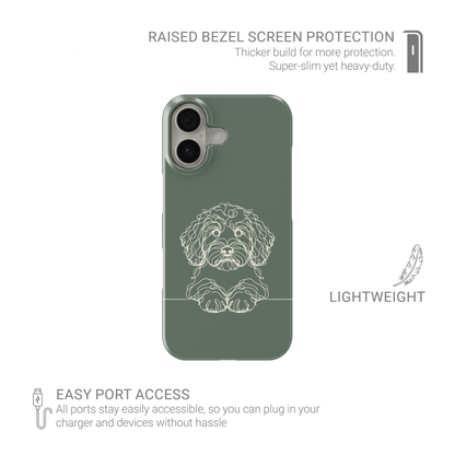 Green Snap phone case with a pale curly-haired Cockapoo line drawing above a thin horizontal line.