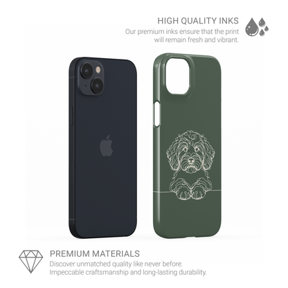 Green Snap phone case with a pale curly-haired Cockapoo line drawing above a thin horizontal line.