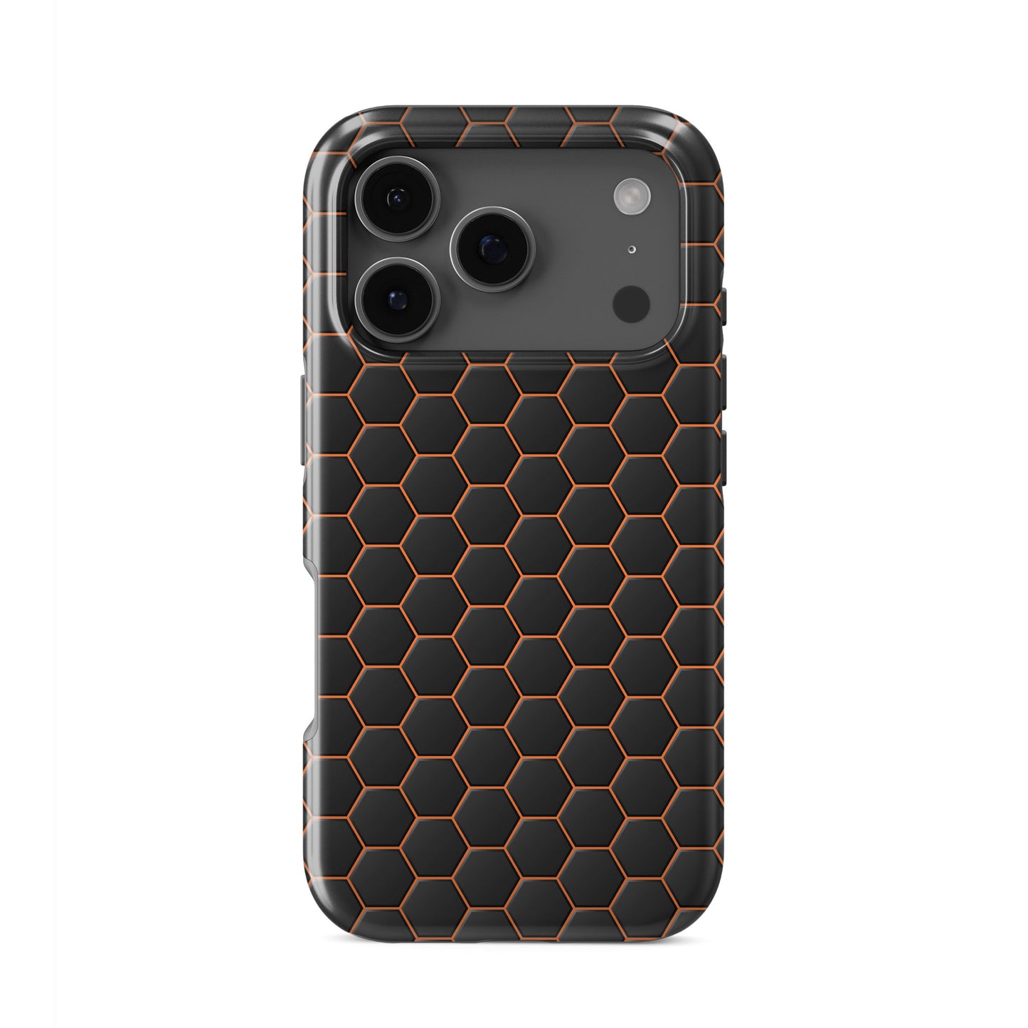 Copper Surge tough phone case with black hexagon pattern and glowing copper outline, glossy finish, modern tech design.