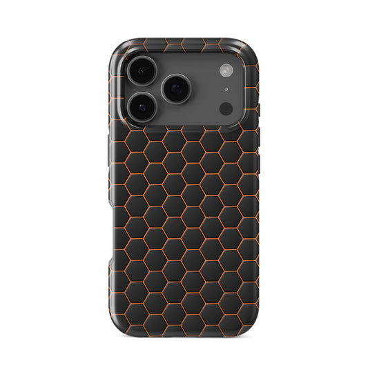 Copper Surge tough phone case with black hexagon pattern and glowing copper outline, glossy finish, modern tech design.