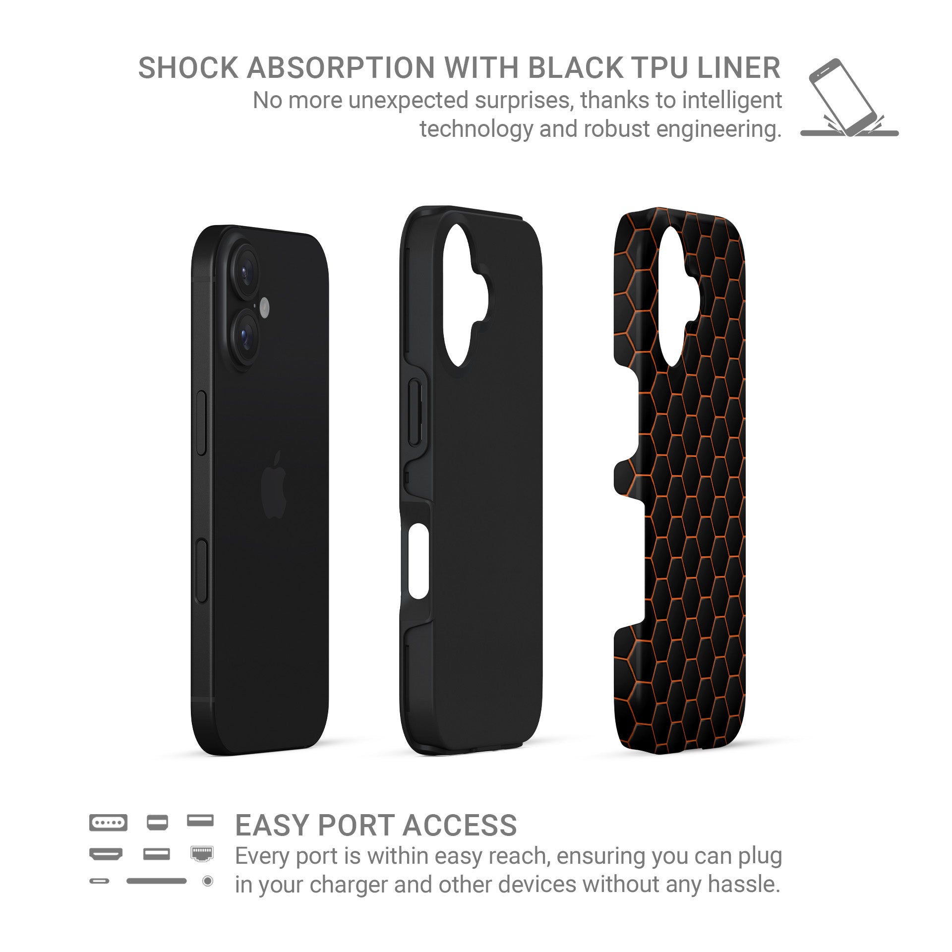 Copper Surge tough phone case with black hexagon pattern and glowing copper outline, glossy finish, modern tech design.