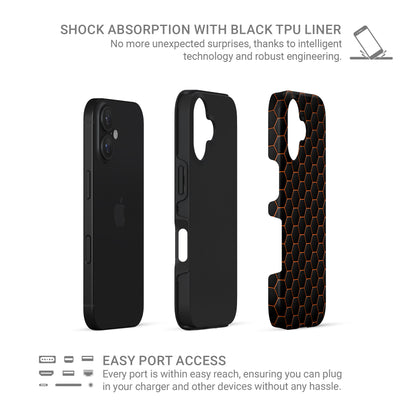 Copper Surge tough phone case with black hexagon pattern and glowing copper outline, glossy finish, modern tech design.