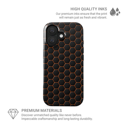 Copper Surge tough phone case with black hexagon pattern and glowing copper outline, glossy finish, modern tech design.