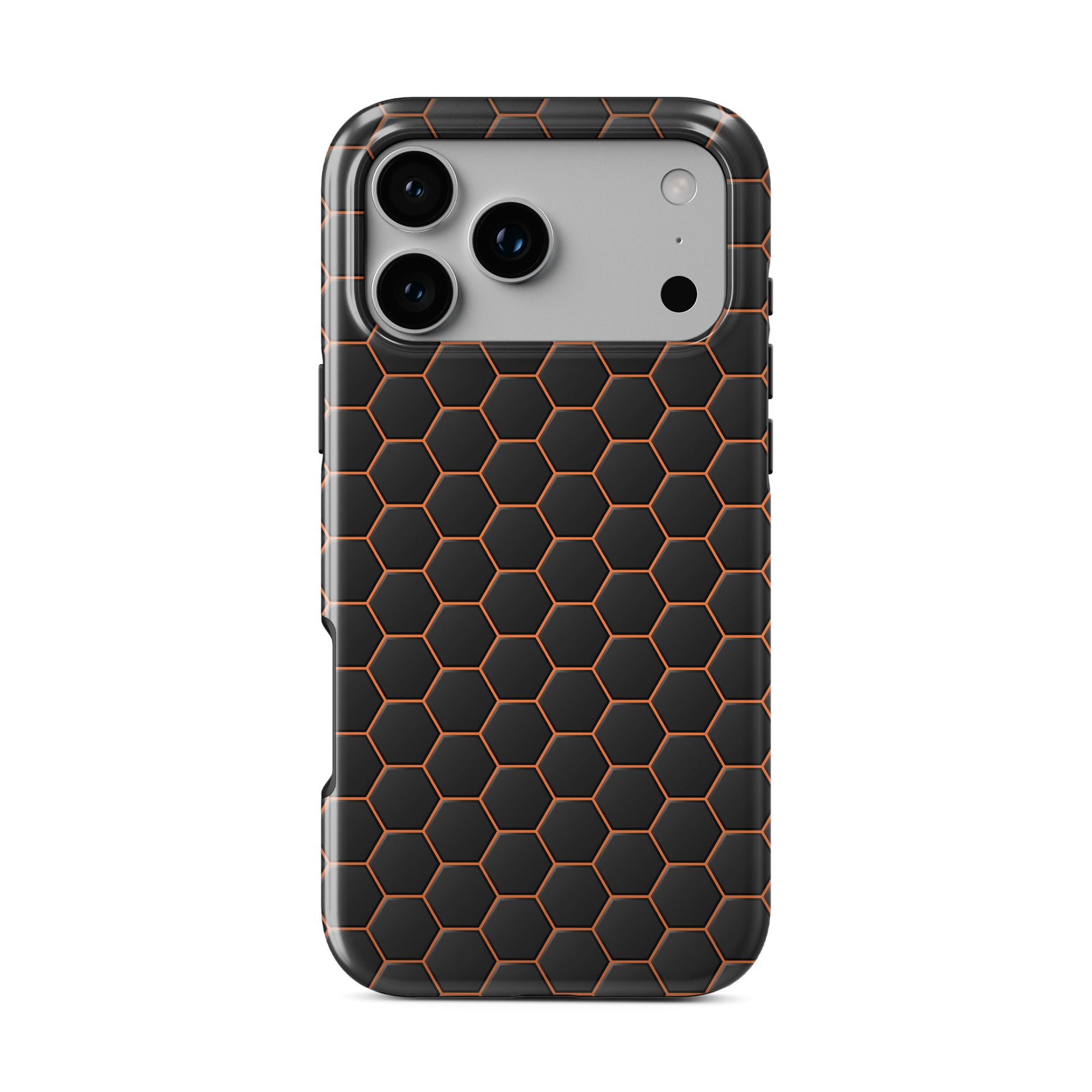 Copper Surge phone case with black and copper hexagon pattern, glossy finish, modern geometric design.