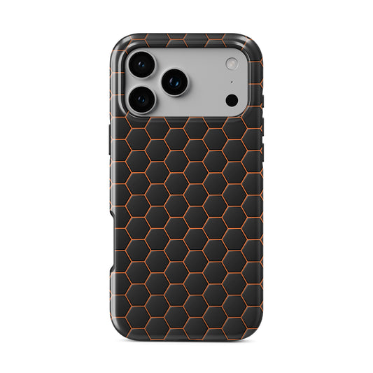 Copper Surge phone case with black and copper hexagon pattern, glossy finish, modern geometric design.