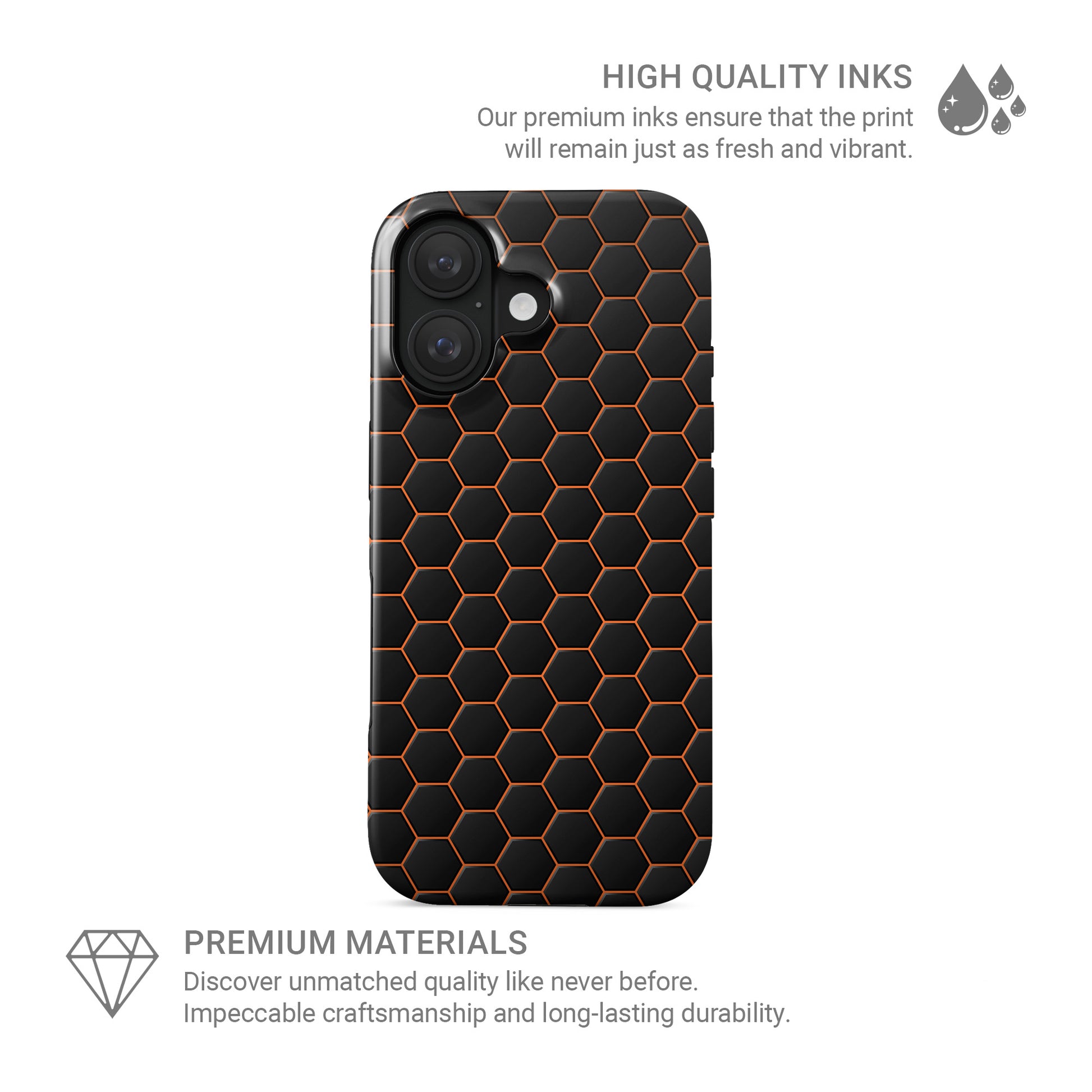 Copper Surge phone case with black and copper hexagon pattern, glossy finish, modern geometric design.