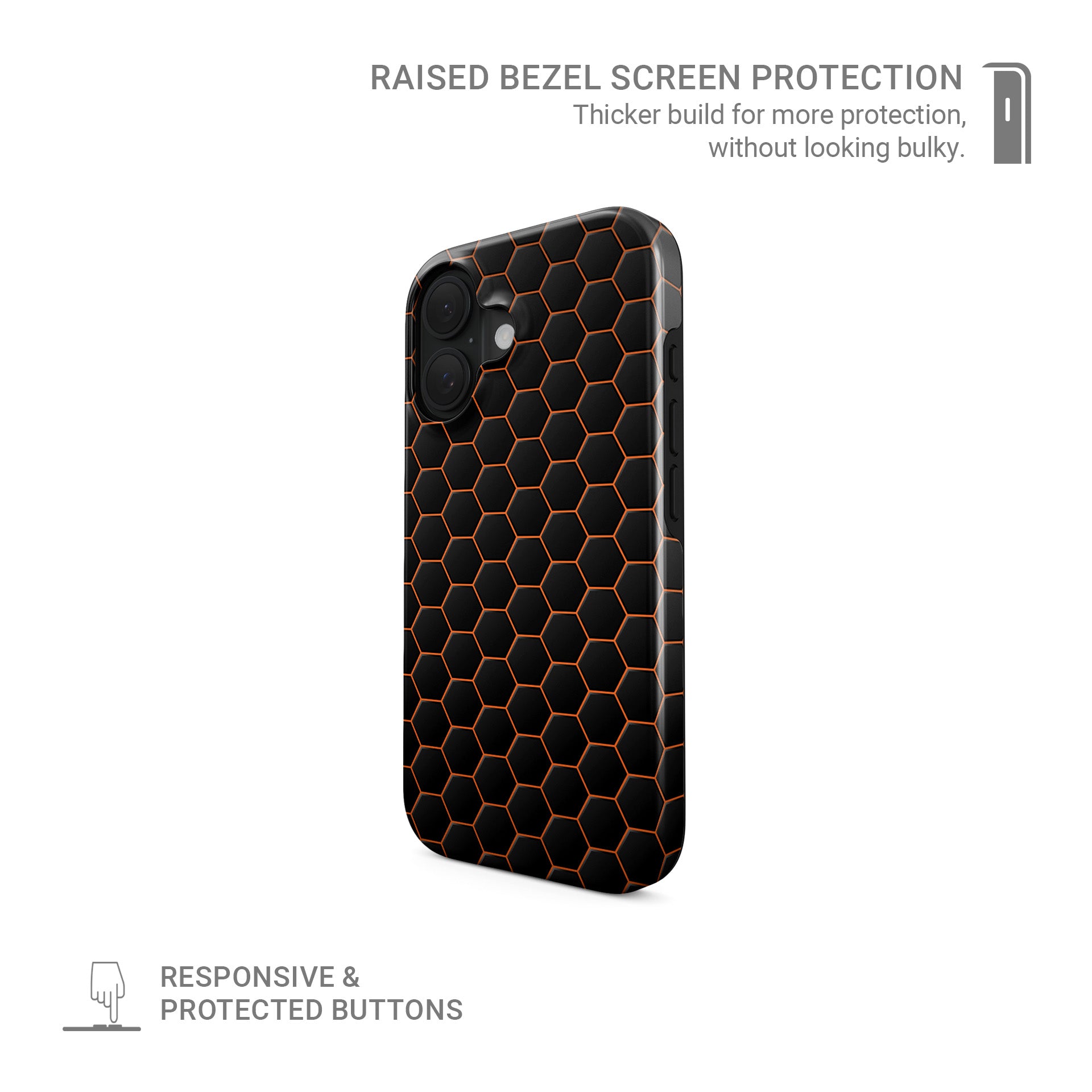 Copper Surge phone case with black and copper hexagon pattern, glossy finish, modern geometric design.