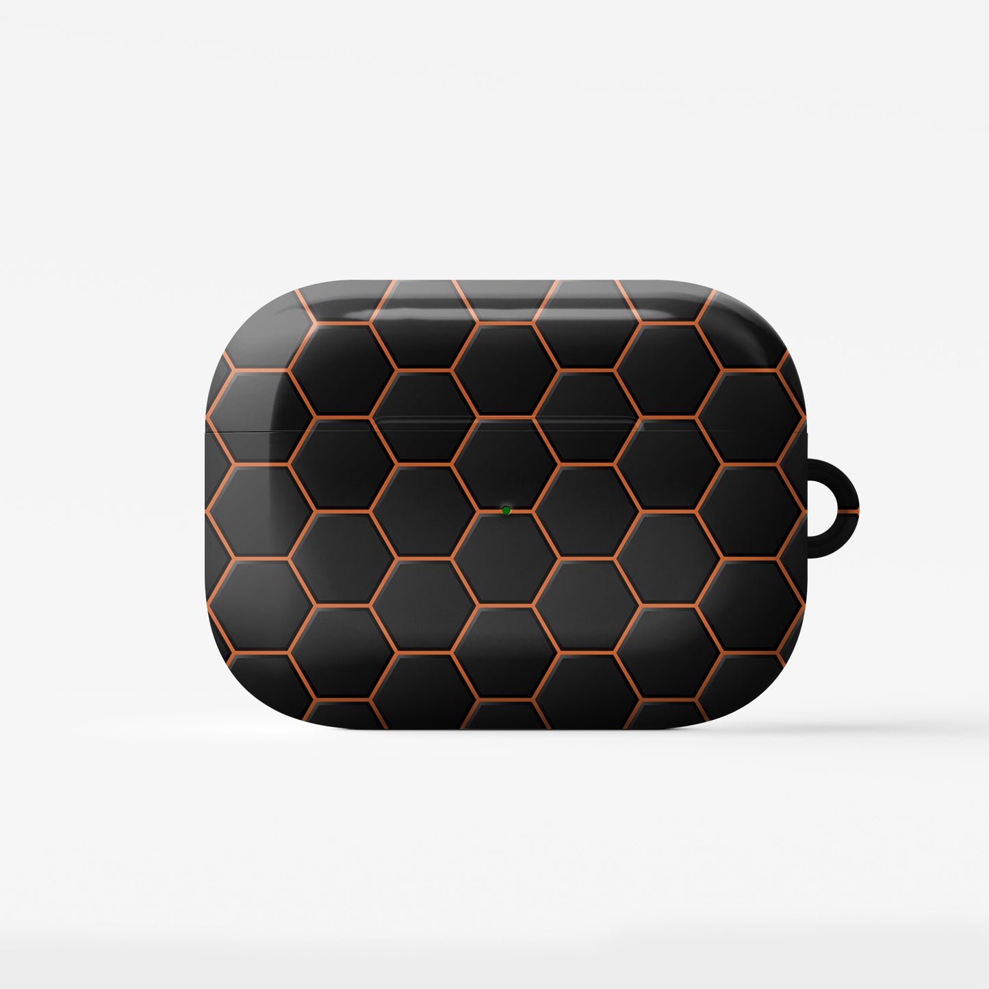 Copper Surge AirPods tough case with black and copper honeycomb hexagon pattern, glossy finish, modern geometric design, flat printed texture