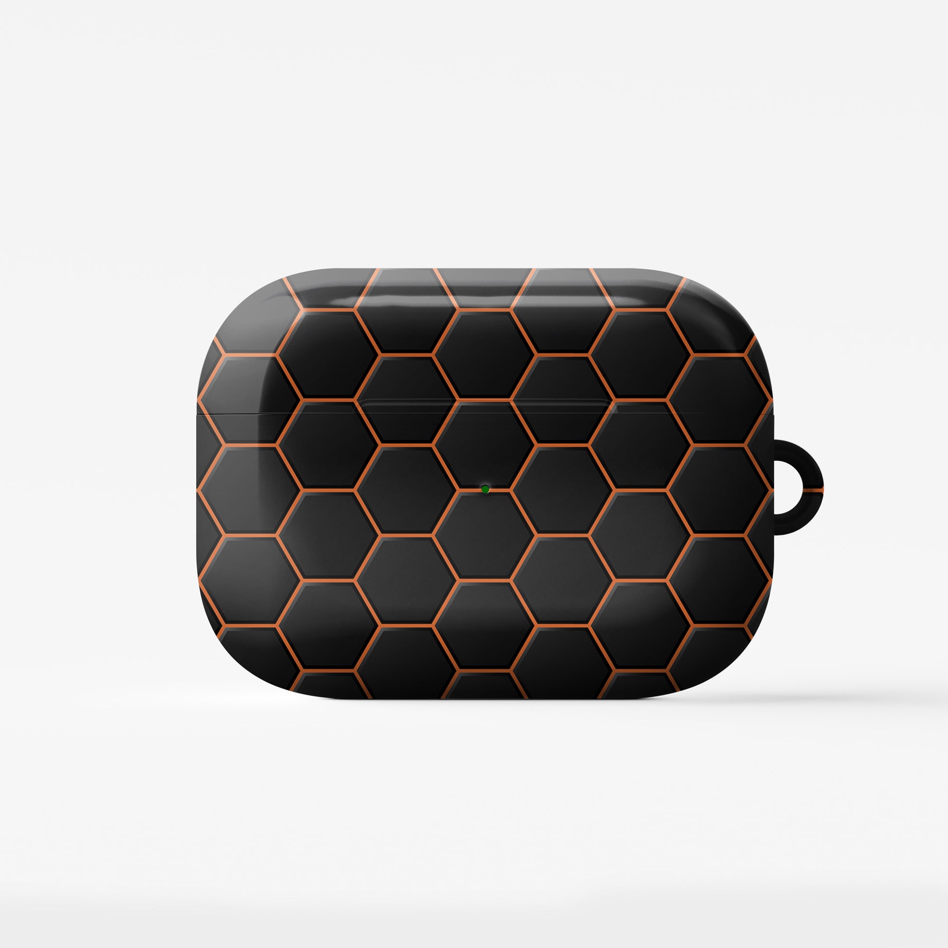 Copper Surge AirPods tough case with black and copper honeycomb hexagon pattern, glossy finish, modern geometric design, flat printed texture
