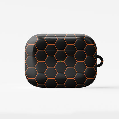 Copper Surge AirPods tough case with black and copper honeycomb hexagon pattern, glossy finish, modern geometric design, flat printed texture