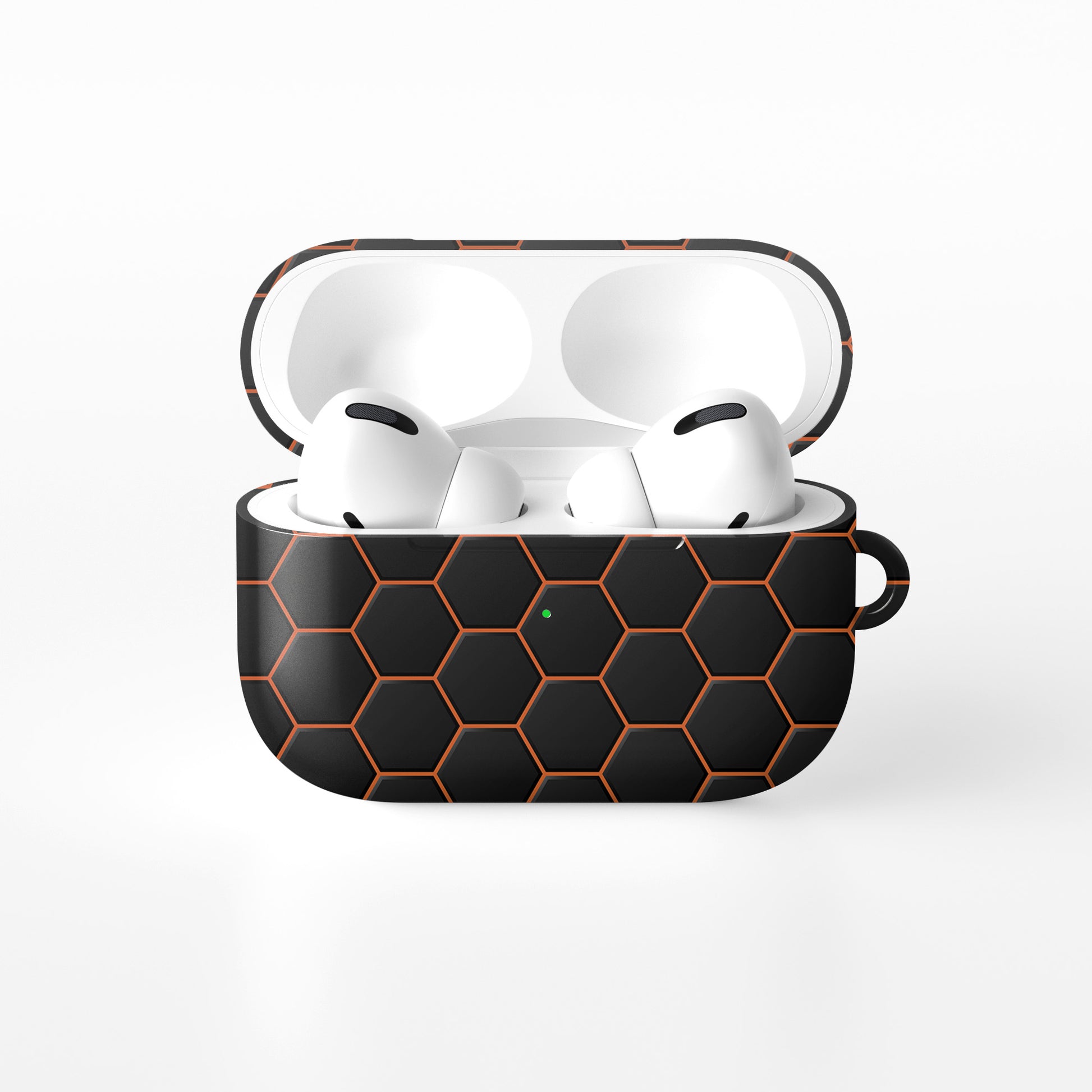 Copper Surge AirPods tough case with black and copper honeycomb hexagon pattern, glossy finish, modern geometric design, flat printed texture