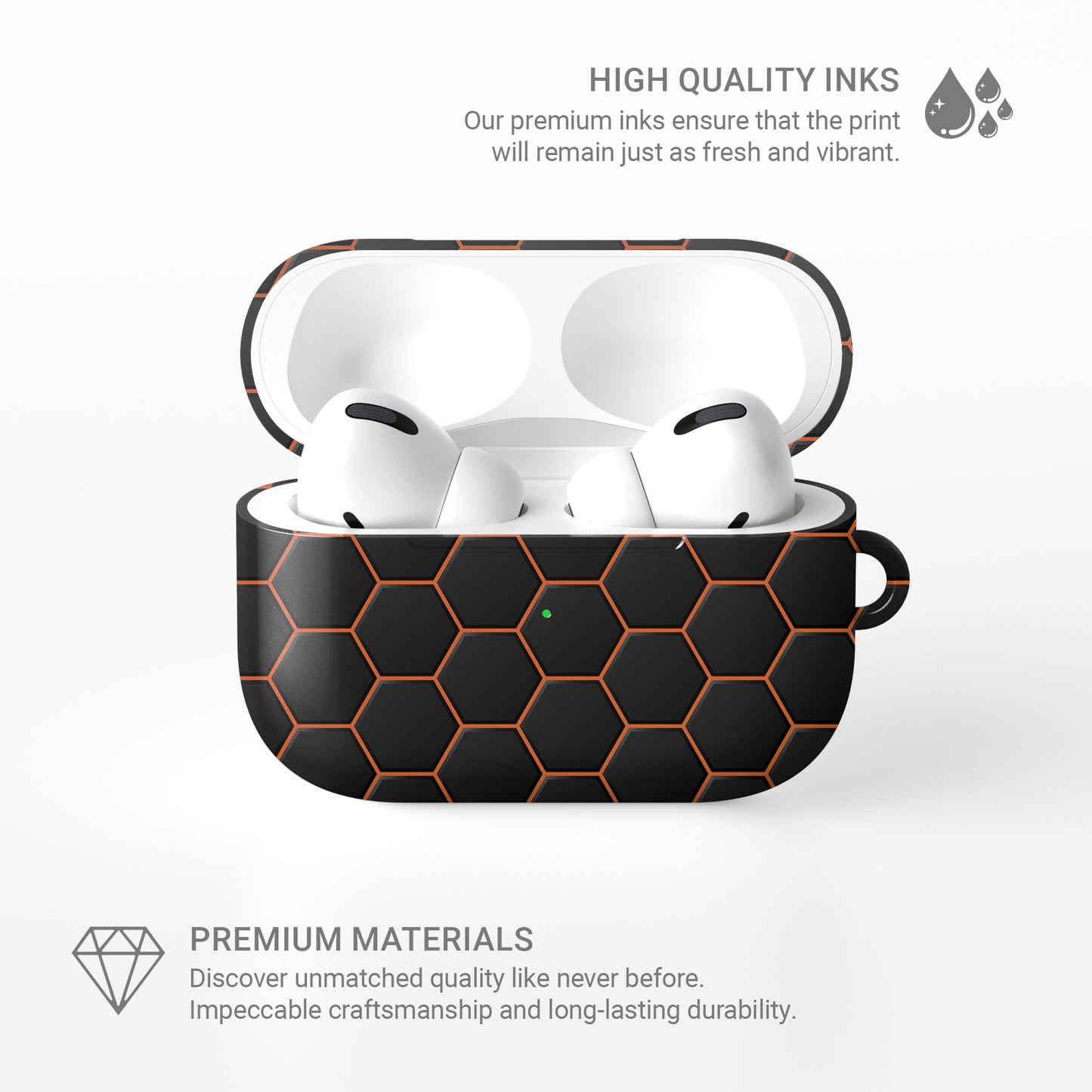 Copper Surge AirPods tough case with black and copper honeycomb hexagon pattern, glossy finish, modern geometric design, flat printed texture