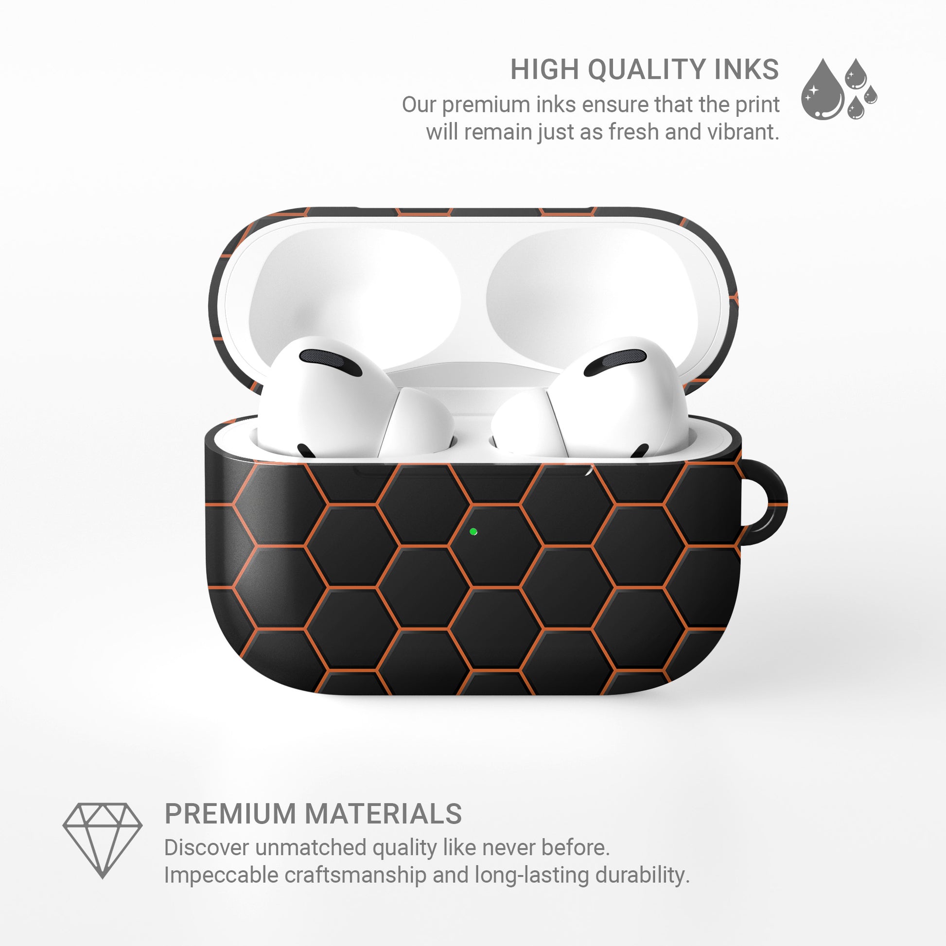 Copper Surge AirPods tough case with black and copper honeycomb hexagon pattern, glossy finish, modern geometric design, flat printed texture