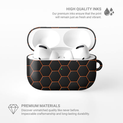 Copper Surge AirPods tough case with black and copper honeycomb hexagon pattern, glossy finish, modern geometric design, flat printed texture