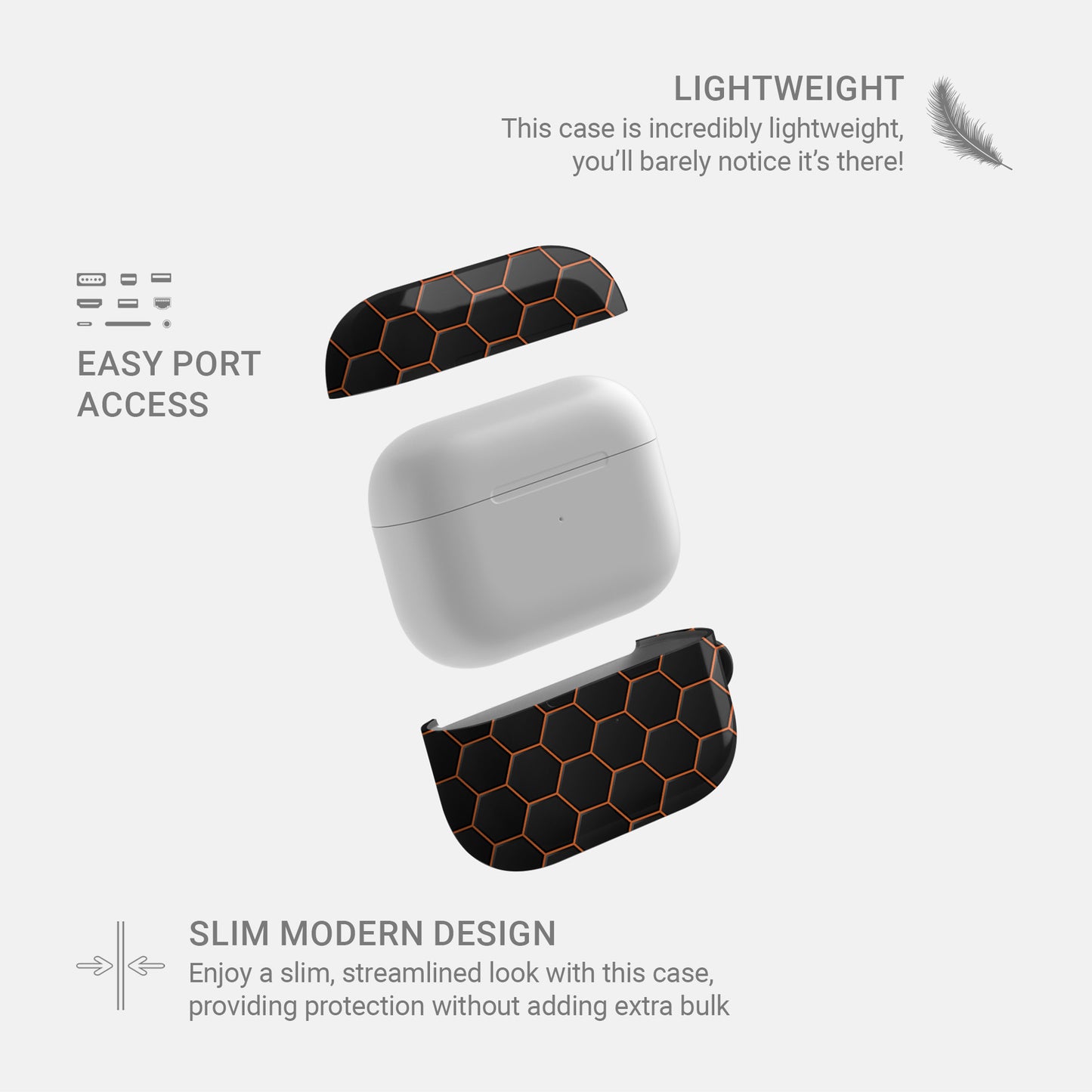 Copper Surge AirPods tough case with black and copper honeycomb hexagon pattern, glossy finish, modern geometric design, flat printed texture
