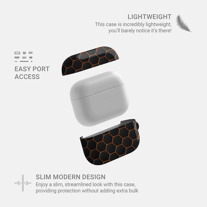 Copper Surge AirPods tough case with black and copper honeycomb hexagon pattern, glossy finish, modern geometric design, flat printed texture