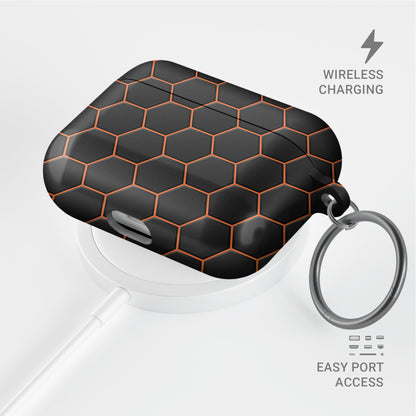 Copper Surge AirPods tough case with black and copper honeycomb hexagon pattern, glossy finish, modern geometric design, flat printed texture