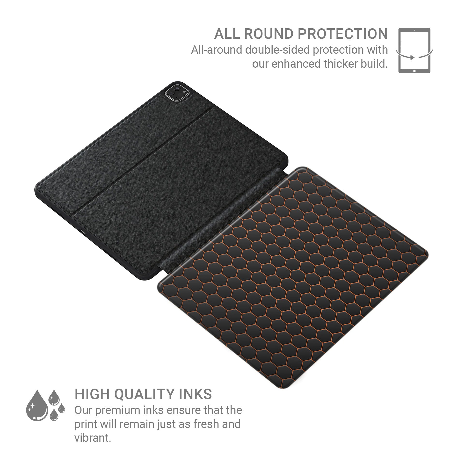 Copper Surge Apple iPad case with matte black and copper geometric design, vegan Saffiano leather exterior, Apple Pencil holder and slim protective build.